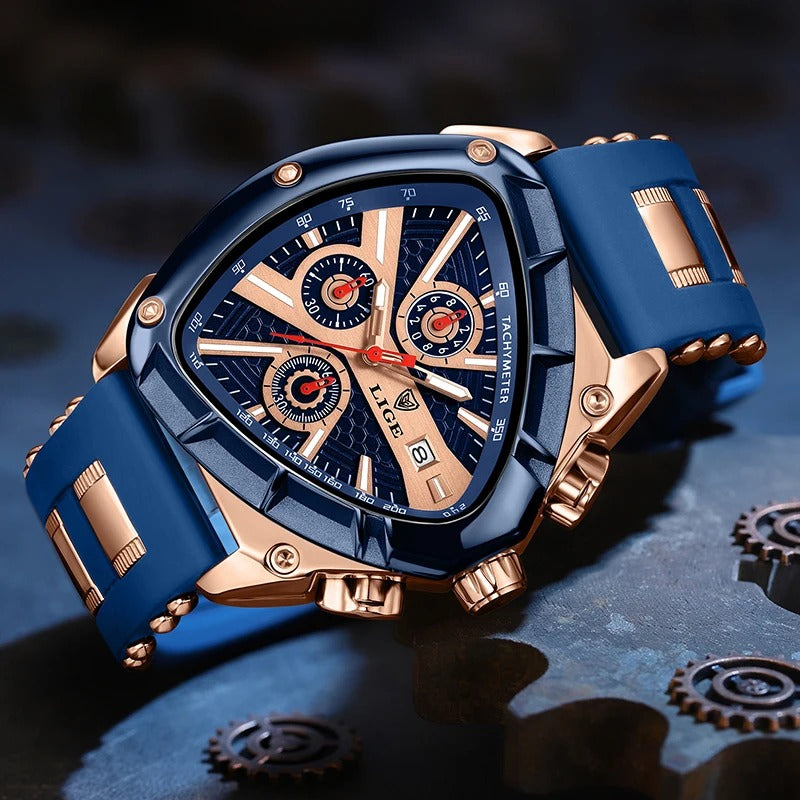 A wristwatch with a black band and a rose gold case, featuring a detailed dial with multiple sub-dials and a date display.
